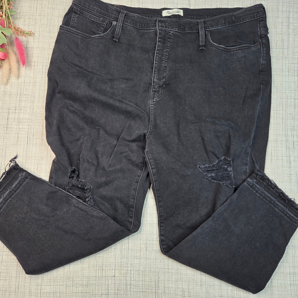 Madewell The Mom Jean High Rise Distressed Tapered Leg Black Denim Jeans W36